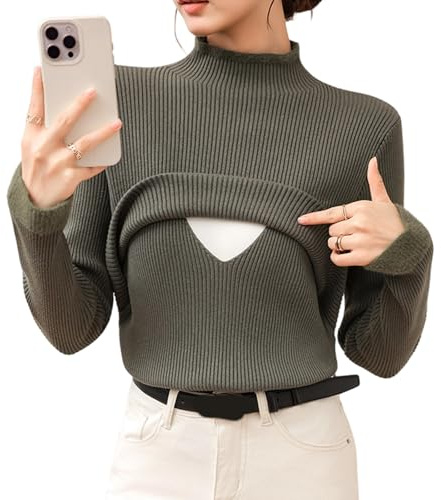 Hangsu Isolierter Stillpullover, Still-Top, Pullover, figurschmeichelnde Passform, warme Baumwoll-Polyester-Mischung für neue Mütter