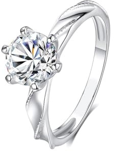 Ring Frauen Minimalistisch, Promise Ring Beste Freundin Wellenförmiges Design mit 1 Ct Rundem Moissanit 14K Weißgold Größe 63 (20.1)
