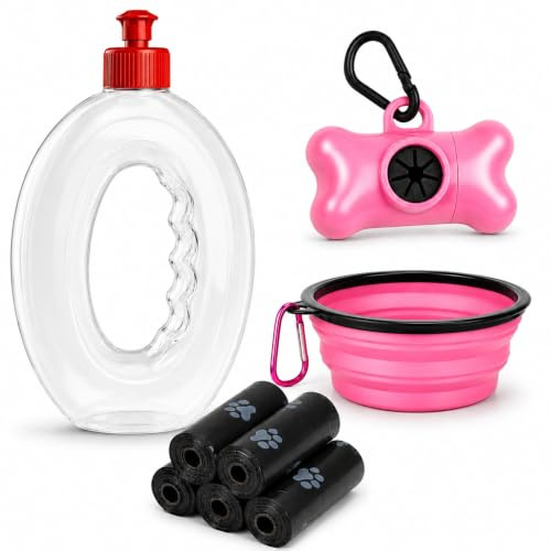 Botella Pipí Perros 500 ml | Botella Higienizante para Limpiar Orina de Perro | 3 en 1 con Bebedero Plegable y Dispensador de Bolsas | 75 Bolsas Incluidas (Rosa)