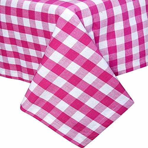 HOMESCAPES Pink Table Cloth, Cotton Gingham Tablecloth, Square Block Check, Handcrafted & Durable Dining Table Cover with Hem Stitch, Hypoallergenic, Washable, 137 x 137cm