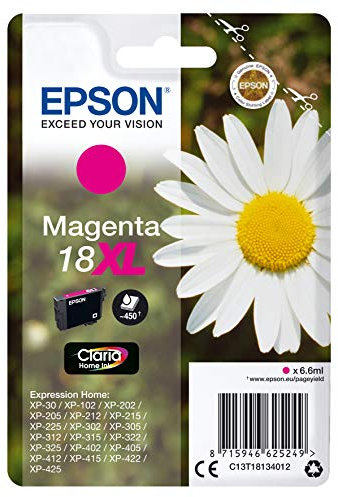 Epson Cartucho De Tinta Epson 18 Xl 6,6 Ml Magenta, XL válido para EPSON Expression Home XP-425 / XP-422 / XP-415 / XP-412 / XP-325 / XP-322 / XP-315 / XP-312 / XP-225 / XP-215 / XP-212 / XP-405WH / XP-405 / XP-402 / XP-305 / XP-302 / XP-30 / XP-205 / XP-202 / XP-102