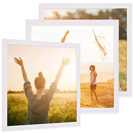 PHOTOLINI Bilderrahmen 20x20 cm Holz Weiß Landhaus-Stil, 3er Set Holz-Rahmen, Made in Germany, Echtglas, zum Aufhängen, mit Zubehör - perfekt für Familienfotos & Urlaubsbilder