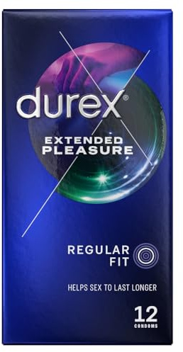 Durex Extended Pleasure, 24 Condoms (2x12s pack), Regular Fit, Lubricated | Pre Lubricated, Performa Silicone Lube to Help Last Longer, 5% Benzocaine, Easy On Shape, Teat Ended, Regular Fit Condoms