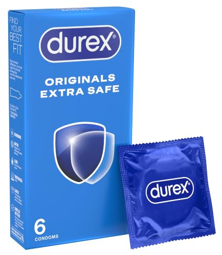 Durex Originals Extra Safe, 6 Condoms, Regular Fit, Silicone Lubricated | Easy On Shape, Teat Ended,Designed Thicker for Extra Reassurance, Natural Latex, Pre Lubricated with Silicone Lube