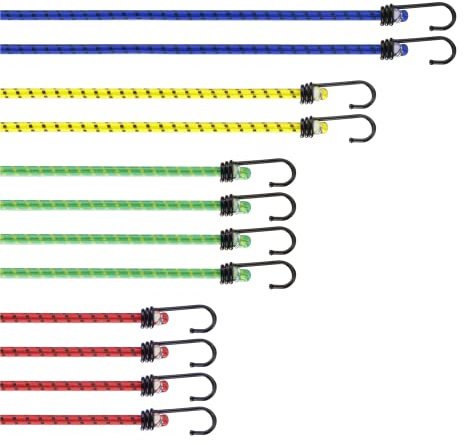 PRETEX Corde Elastiche con Gancio - Set di 12 Elastici con Ganci Portapacchi - Resistenti per Teloni Auto e Bici - Corda Elastica con Gancio in 4 Lunghezze - Multicolore