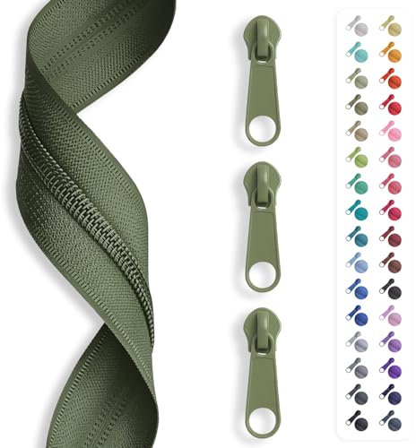 5m Reißverschluss endlos, Spirale 3mm + 15 Schieber/Zipper 32 Farben, Meterware (Olive)