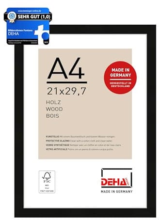 DEHA Design Bilderrahmen, 21 x 29,7 cm (A4), Holz, Schwarz, Dokumentenrahmen zum Aufhängen im Hoch- & Querformat, bruchsicheres Kunstglas, Fontana