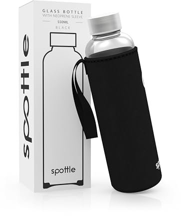 spottle Trinkflasche aus Glas 1l - Glasflasche 500ml - 750ml - 1 liter mit Neoprenhülle - Schutzhülle - Glastrinkflasche mit Schraubverschluss (Schwarz, 550 ml)