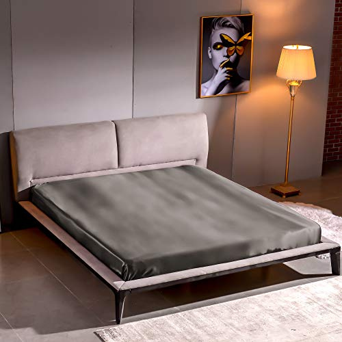 THXSILK Spannbettlaken Seide Bettlaken 90x200, 100% Reine 22 Momme Maulbeerseide Bettwäsche Spannbetttuch, Dunkel Grau Seiden Bettlaken für Standardmatratze 30cm