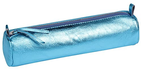 Clairefontaine - Ref 410122C - Miror' Leather Round Pencil Case - 22cm x 5.5cm, Made From Genuine Lambskin Leather, Metal Zip With Leather Puller - Turquoise