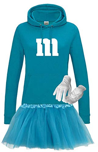 Hoodie M&M + Tüllrock Karneval Gruppenkostüm Schokolinse 9 Farben Damen XS-2XL Mundm Tanzgruppe Fasching Verkleidung Rosenmontag, Gr.:XL, Farbe:türkis - Logo weiss (+Handschuhe weiss/Tütü türkis)