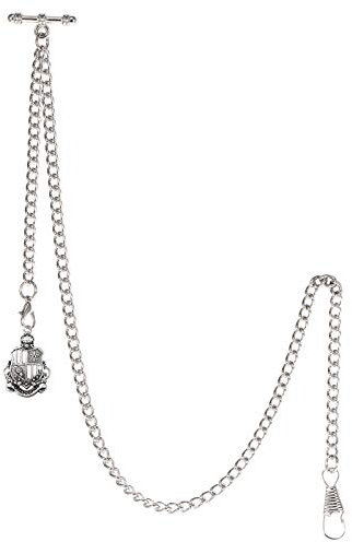 TREEWETO Taschenuhrkette mit T Bar Endstück Albert T-Bar Taschenuhr Kette mit Antiker Schild-Anhänger und 2 Haken für Weste Knopfloch Silber