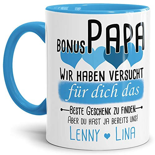 Tassendruck Geschenk Tasse mit Spruch PERSONALISIERT - Bestes Geschenk für Bonus-Papa von Kindern - Kaffee-Tasse/Geschenkidee Geburtstag Vatertag/Vatertagsgeschenk - Innen & Henkel Hellblau