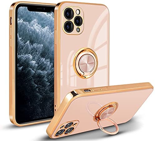 Newseego Case Compatible with iPhone 11 Pro,Electroplated Soft Silicone Shockproof iPhone 11 Pro Protective Cover,360 Degree with Rotation Magnetic Car Finger Ring Holder for iPhone 11 Pro-Light Pink