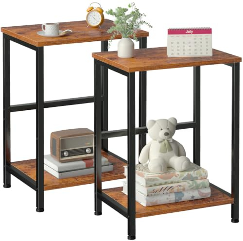 AMHANCIBLE Side Tables Set of 2, Bedside Tables, Coffee Table living room | 2-Tier Sofa Side Tables with Steel Frames, End Table for Small Spaces, Modern Nightstand for Bedroom, Brown UHET03SQBR
