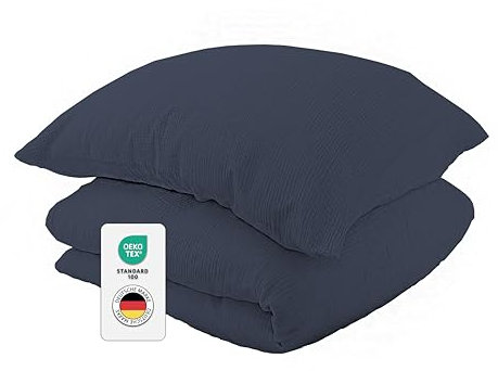 jilda-tex Bio-Bettwäsche Musselin Medina 100% Bio-Baumwolle Knitterlook Bügelfrei Uni Made in Green (Dunkelblau, 135x200 + 80x80 cm)