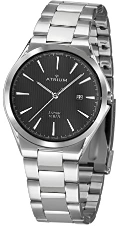 Atrium Herren-Armbanduhr Edelstahl Analog Quarz 10 bar Saphirglas mit Edelstahl Armband und Datum Anzeige silberfarben schwarz A33-31