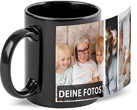 Schwarze Tasse zum selbst gestalten mit Foto-Collage für 3 Wunschfotos - Geschenk für Freunde zum Geburtstag, Weihnachten - Keramik, 300 ml | Personalisiertes Geschenk