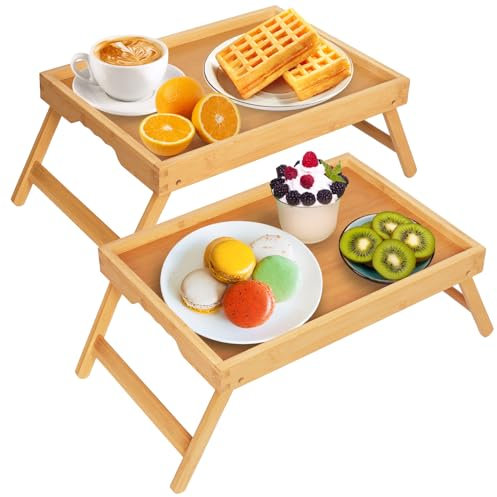 Artmeer Bandeja de cama con patas plegables, desayuno de bambú en la cama para mesa de TV, bandeja de computadora portátil, para comer, bandeja de aperitivos color beige, paquete de 2