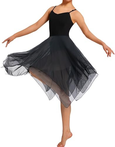 Mulnall Damen Modern Lyrisches Kleid Camisole Tanz Kostüm Ballett Asymmetrisch High-Low Mesh Rock Ärmellose Leotard Gymnastik Tanzbekleidung Latein Rumba Tango Kleid Ballsaal(UK23913-06-M)