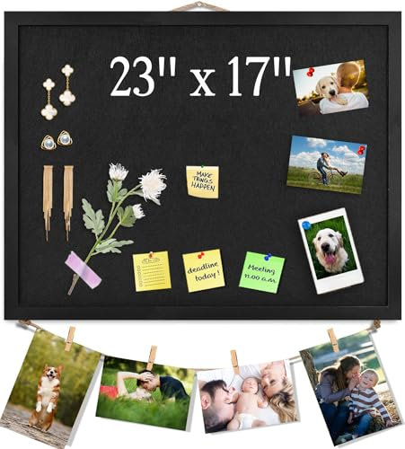 Schwarze Pinnwand mit Filz, 58,4 x 43,2 cm, großes Display, Pinnwand für Wände, Schmuck, Notizen, Sammlung, Fotos, Büro, Holzrahmen (schwarz) und Filz (schwarz), 1 Stück