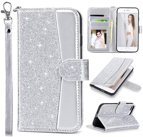 ULAK Compatible iPhone 7 Plus/8 Plus Wallet Case for Women, PU Leather Flip Cover with Card Holder Kickstand Protective Purse Case, Silver