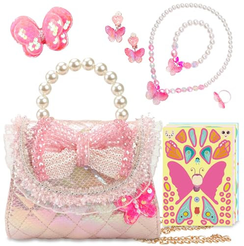 Schmetterling Handtasche Mädchen, Verstellbarem Kleine Umhängetasche, Geldbeutel mit Anzieh-Schmuckset, Kinder Crossbody Bag, Geburtstagsgeschenk Ostergeschenke Weihnachtsgeschenke für Mädchen