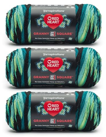 Red Heart All in One Granny Square Garn, Schwarz - Cyber Leaf, 100% Acryl, Nr. 4 Kammgarn (Medium), 381 m, 250 g, zum Stricken, Häkeln und Amigurumi, 3 Stück