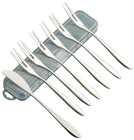 NestNook Two Tine Dessert Fork Set of 6 Cake Forks and 1 Cake Knife Stainless Steel Tea Forks Silver Pastry Forks 13 CM(5.12 Inch) Small Forks for Cake Appetizer Fruit