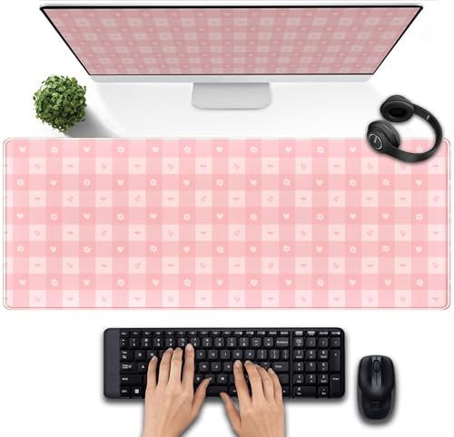 Pink Minimalist Gingham Floral Desk Mat Gaming Mouse Pad Large Cute Pastel Desk Pad Deskmat Kawaii, Women Office Desk Cover Mat, Laptop Computer Keyboard Mat Mousepad Desk Accessories 31.5x11.8
