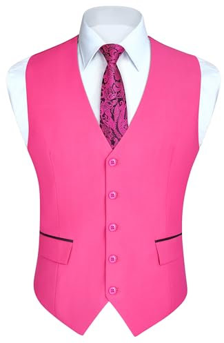 HISDERN Gilets rose vif Hommes Gilet de mariage classique Gilet de costume de smoking avec poches de mode Coupe régulière L