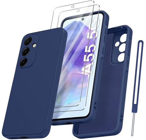 Qasyfanc Coque Protection Caméra pour Samsung Galaxy A55 avec 2 Pièces Verre Trempé, Coque Samsung A55 5G Housse de Protection Silicone Antichoc, Mince, Douce, Bleu