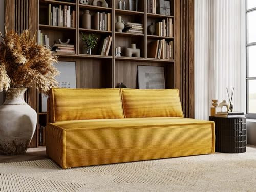 MKS MEBLE Sofa Cord, Cord Couch, Sofa mit Schlaffunktion und Bettkasten, Schlafsofa Cord, Couchgarnitur Ecke Bettcouch, Cord Stoff - TOPI - Gelb Velours