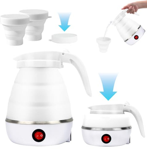 Hervidor de agua plegable, 600 ml, hervidor de agua plegable, con 2 vasos plegables, mini hervidor de agua de viaje portátil para camping, viajes, vacaciones
