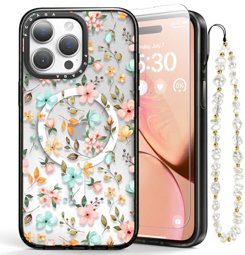 pcgaga Magnetic Case for iPhone 15 Pro Max 6.7 with Magsafe, Cute Embossed Pattern Clear PC Back Cover & Slim TPU Bumper, Screen Protector & Pearl Beaded Phone Strap-360° Protection(Floral Leaves)