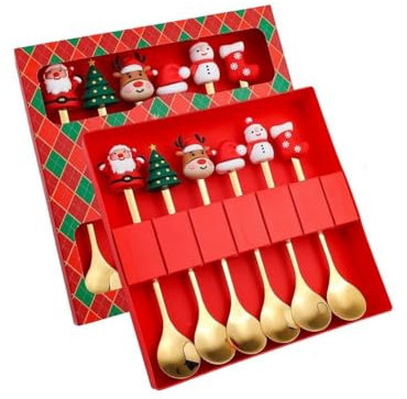 FülleMore 6 Stück Weihnachtslöffel Set aus Edelstahl Teelöffel mit 3D Cartoon Weihnachtsfigur Rührlöffel Dessertlöffel Geschenkbox für Weihnachtsfeier Neujahr Tischdeko (Gold)