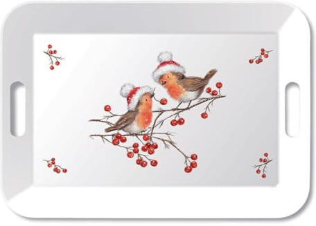 Ambiente Tablett Serviertablett Melamin 47x33 cm mit Griffausschnitten Zweige Beeren und Vögel Winter Weihnachten Serie Christmas Robins