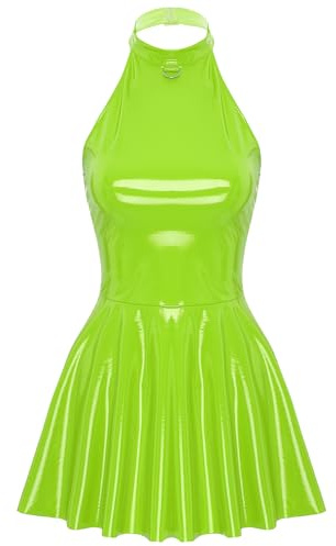 Linjinx Damen Lack Leder Kleid Wetlook Partykleid Neckholder Minikleid Rückenfrei Faltenkleid Kurz Eng Wickelkleid Gogo Clubwear