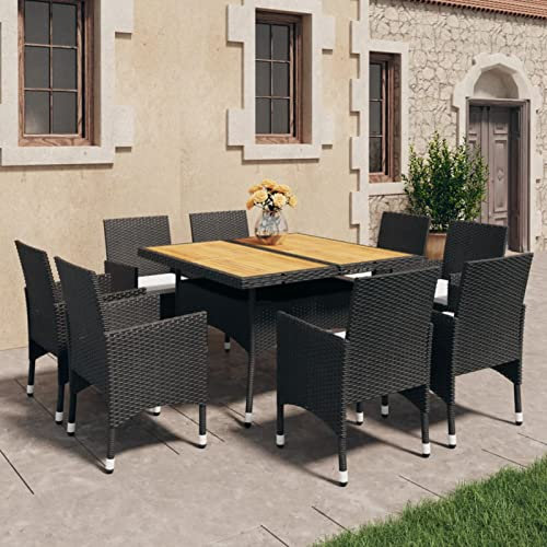 qohoio 9-TLG. Garten-Essgruppe Garden Furniture GartenmöBel Set Gartentisch Mit StüHlen Essgruppe Outdoor Poly Rattan Akazie Massivholz Schwarz