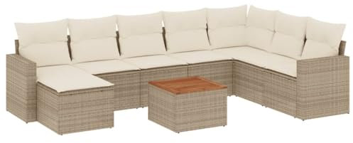 HETFTJN Dining Lounge Outdoor Lounge Sofa Outdoor Big Sofa Lounge Sessel Outdoor - 9-TLG. Garten-Sofagarnitur mit Kissen Beige Poly Rattan für Garten Terrasse Schwimmbad Balkon
