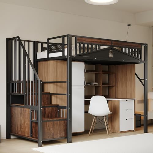 Dolamaní Hochbett Metall Bettgestell 90 x 200 cm mit Sicherheit Streppen, Rausfallschutz mit Metallhandlauf-Sicherheitsleiste und Fensterdesign (Schwarz B)
