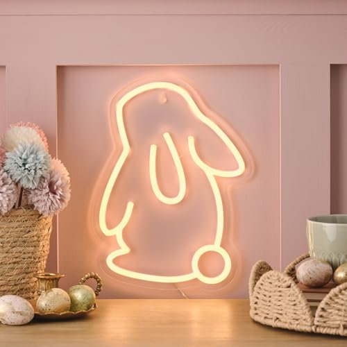 Lights4fun LED Neon Osterhasen-Wandlicht batteriebetrieben moderne Osterdeko für Innen Wanddeko Fensterdeko Frühling mit Timer Bunny Rabbit 30 cm