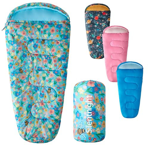 Silentnight Kids Sleeping Bag - Girls Boys 3 Season Mummy Sleeping Bag Ideal for Spring and Summer with Soft Touch Warm Cosy Fabric and Fibres - Machine Washable - 165 x 82cm - Floral Bees
