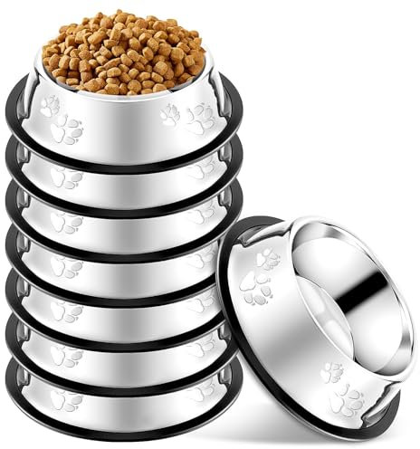 8 Pack Metal Dog Bowls, Stainless Steel Cat Water Dishes Bulk with Rubber Base, Non-Slip Pet Feeding Food Plate for Small Medium Animals Pet Kitten Rabbit Puppy Birds, 16 cm