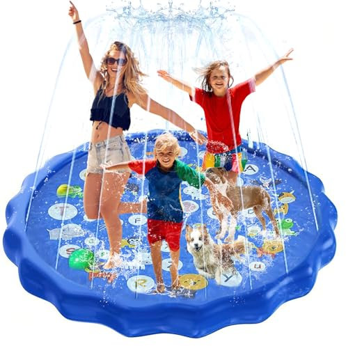 Piscina para Perros con Aspersor, SilverChry 170 * 170cm Juegos de Agua para Niños Exterior, Almohadilla de Aspersor de Juego, Alfombra de Agua para Perros, Splash Pad Niños Mascotas (Letra)