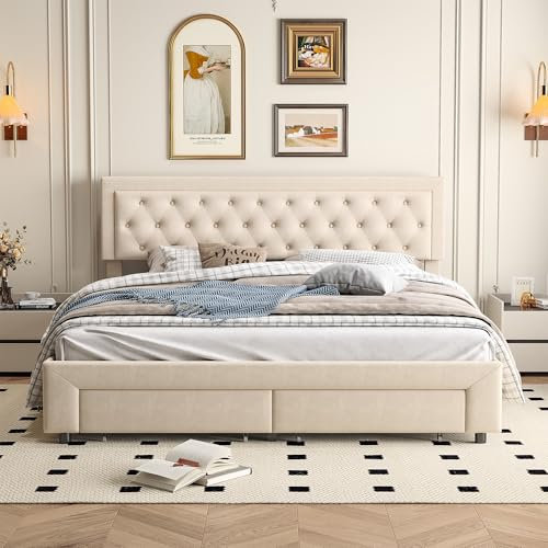 Polsterbett Doppelbett 180x200 cm, Bett mit Stauraum Kasten und Schubladen, Stauraumbett mit Lattenrost aus Holz, Hydraulisches Metallrahmen Bettgestel, Ohne Matratze (B-Beige + Samt, 180*200cm)