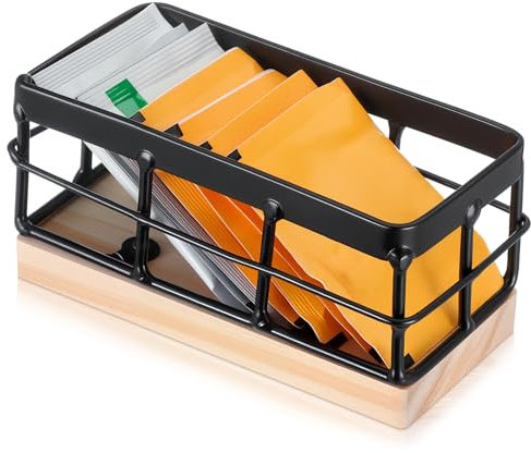 Blulu Cestino per bustine di zucchero, in ferro, con base in legno, piccolo organizer in ferro, porta bustine di caffè, caffè, bar, cucina, casa (1 set)