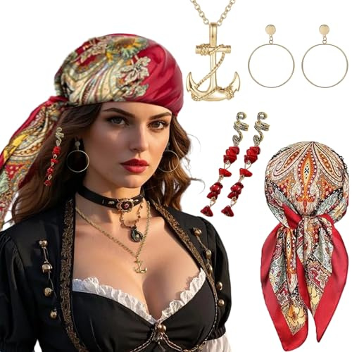 Makoto Nobu 4 Stück Piratenkostüm Damen, Frauen Piraten Accessoires Karneval, Kopftuch, Halskette, Haarschmuck, Ohrringe, Hallowee Kostüm Fasching, Karneval Damen Pirat