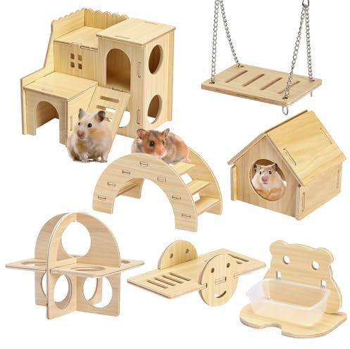Bafeil Lot de 7 jouets en bois pour hamster, cochon d'Inde, lapins, hamsters syriens et nains, comprend maison, balançoire, pont, balançoire, tunnel, jouet à mâcher et bol de nourriture