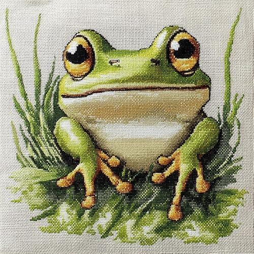Wallphantom animale 11CT Cuscino Punto Croce,Rana carina,Punto Croce Kit da Ricamare Prestampato 45x45cm,Cuscino Ricamato a Mano Fai da te per Principianti